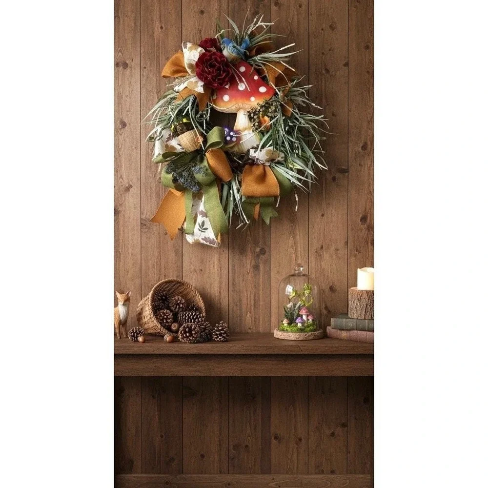 Whimsical Mushroom Wreath Front Door Enchanted Woodland Cottagecore‎ Bluebird